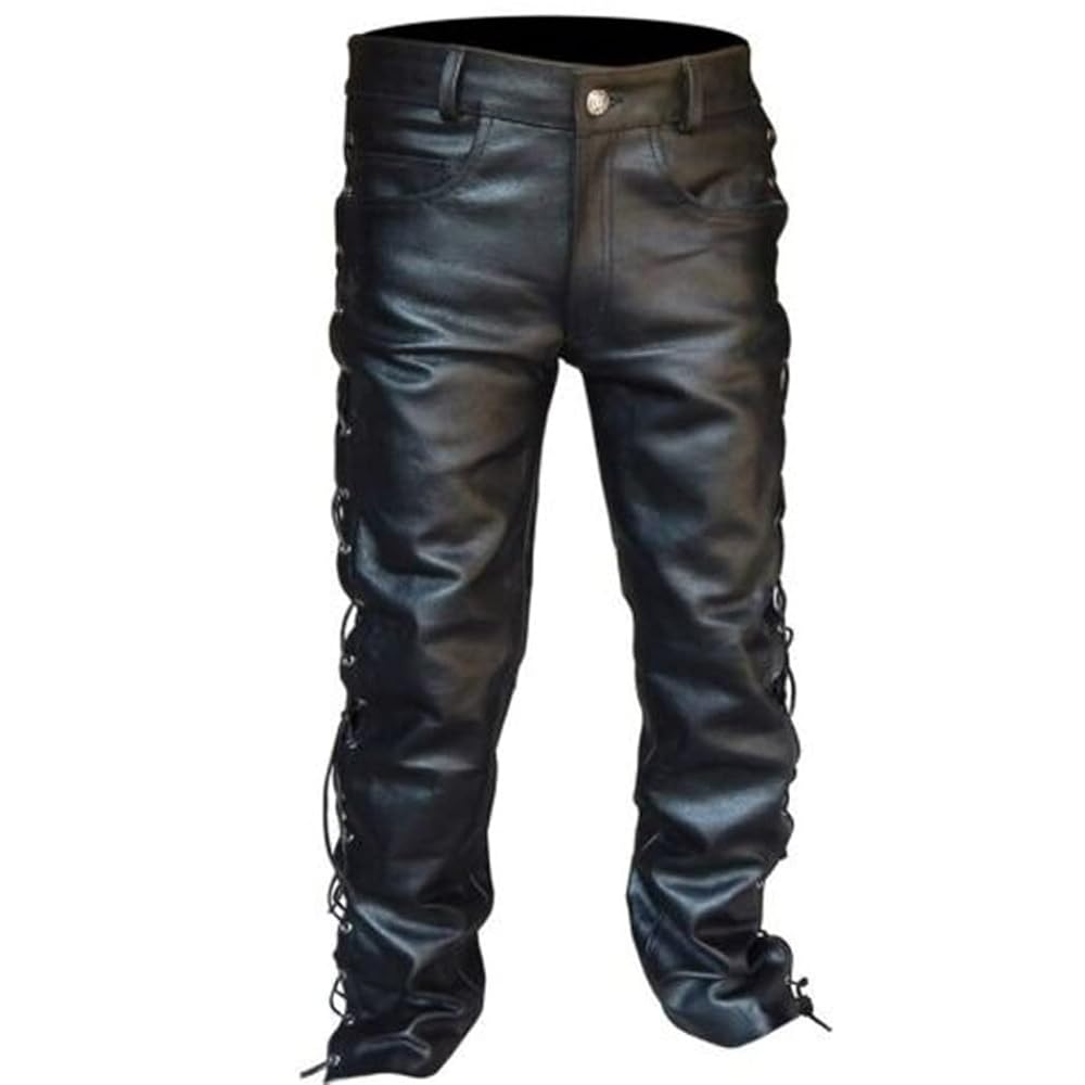 Casual Men Leather Pants Plus Size Black Solid Color PU Lace
